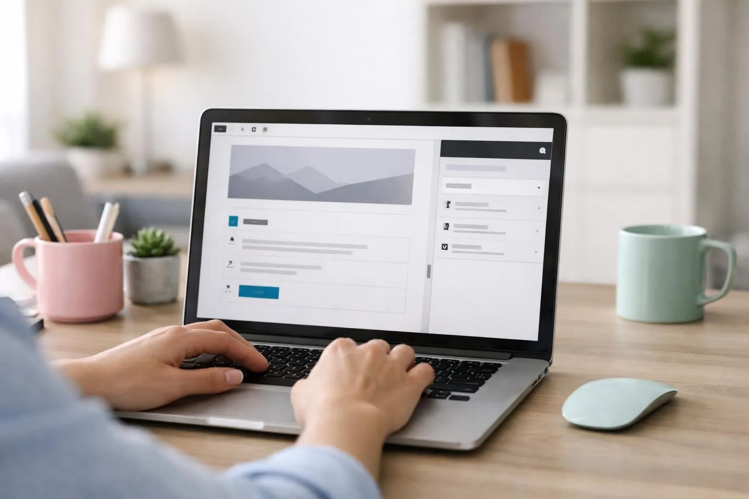 Person working on laptop showing WordPress Gutenberg block editor interface with content blocks being arranged, alongside website customization panel displaying theme settings and plugin management, professional office environment with natural lighting
