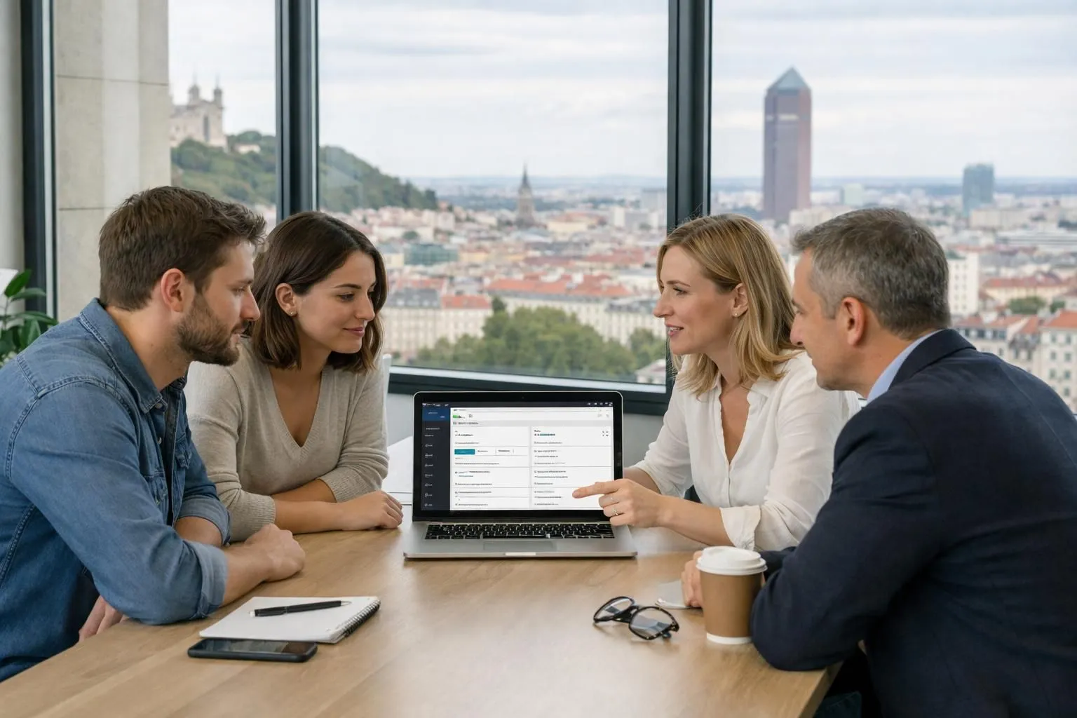 A professional meeting in a modern Lyon office space showing a web development team collaborating with a client around a laptop displaying WordPress dashboard, with Lyon cityscape visible through large windows in background, natural lighting, documentary photography style, realistic business environment