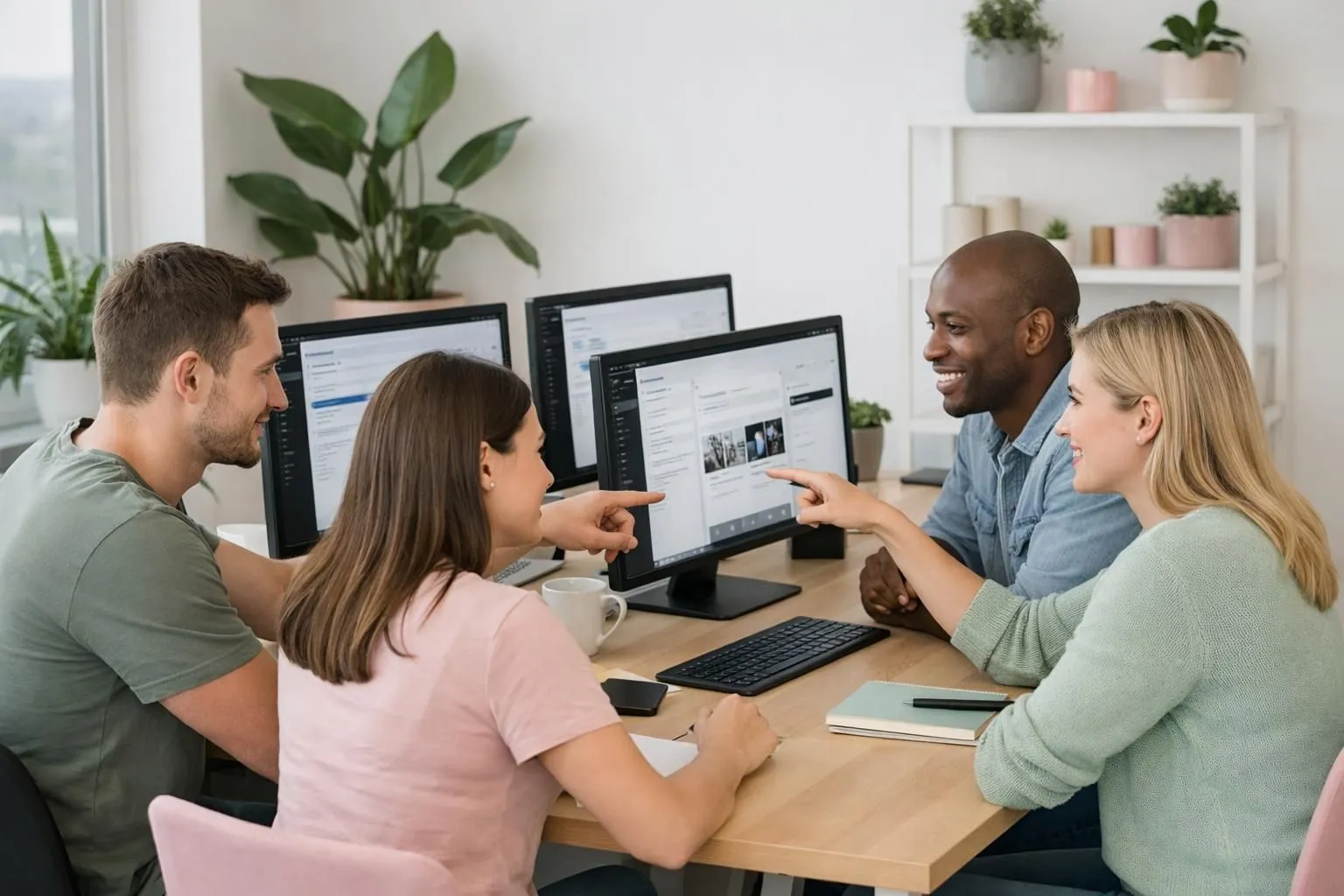 Modern web agency workspace in Lyon with team members working on dual monitors displaying WordPress dashboards and website mockups, bright office with plants and collaborative atmosphere, professional developers and designers reviewing e-commerce platform together