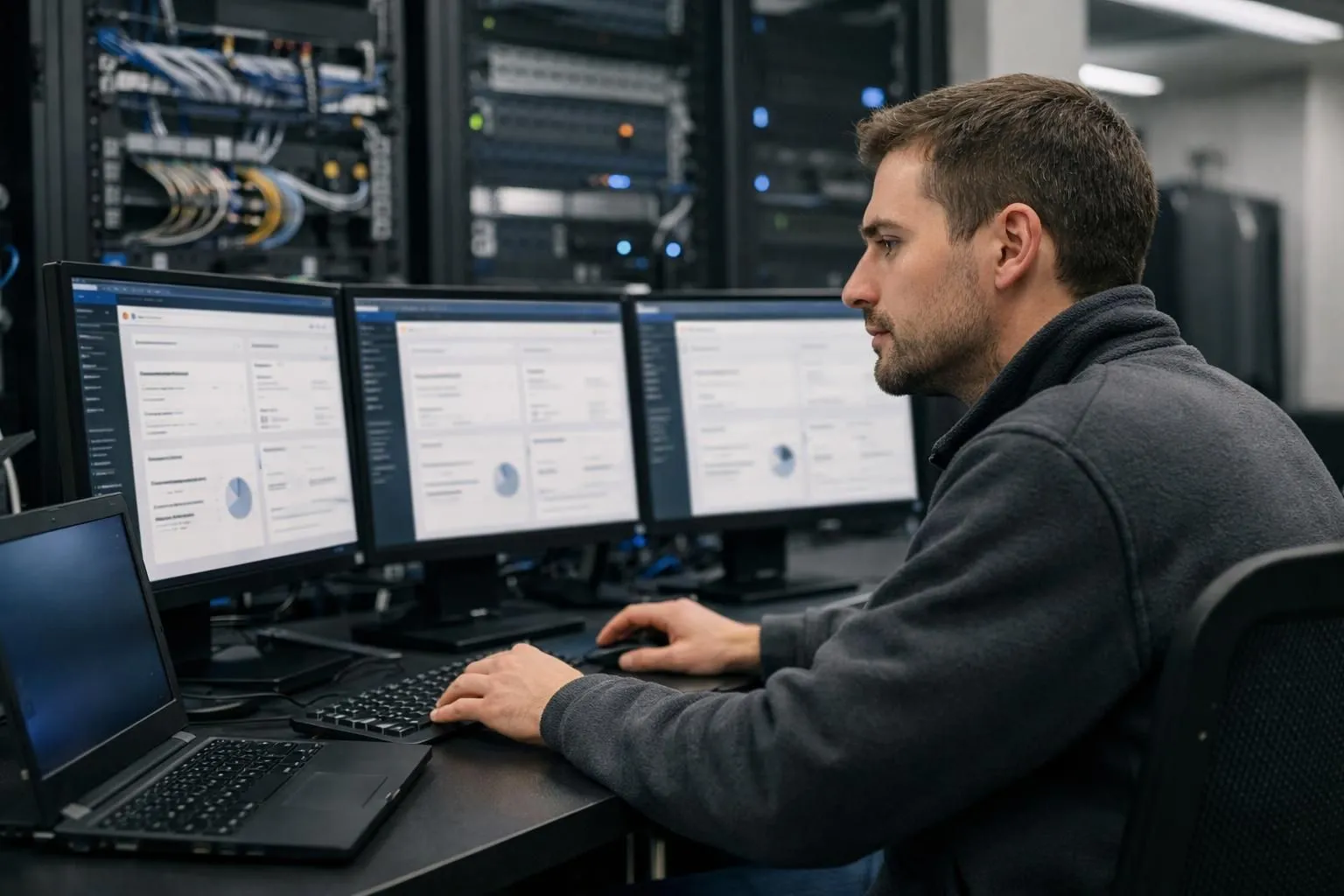 Modern server room with organized rack-mounted equipment and blue LED indicators, technician monitoring WordPress hosting infrastructure on multiple screens showing server performance metrics and security dashboards, professional datacenter environment with cable management and backup systems visible