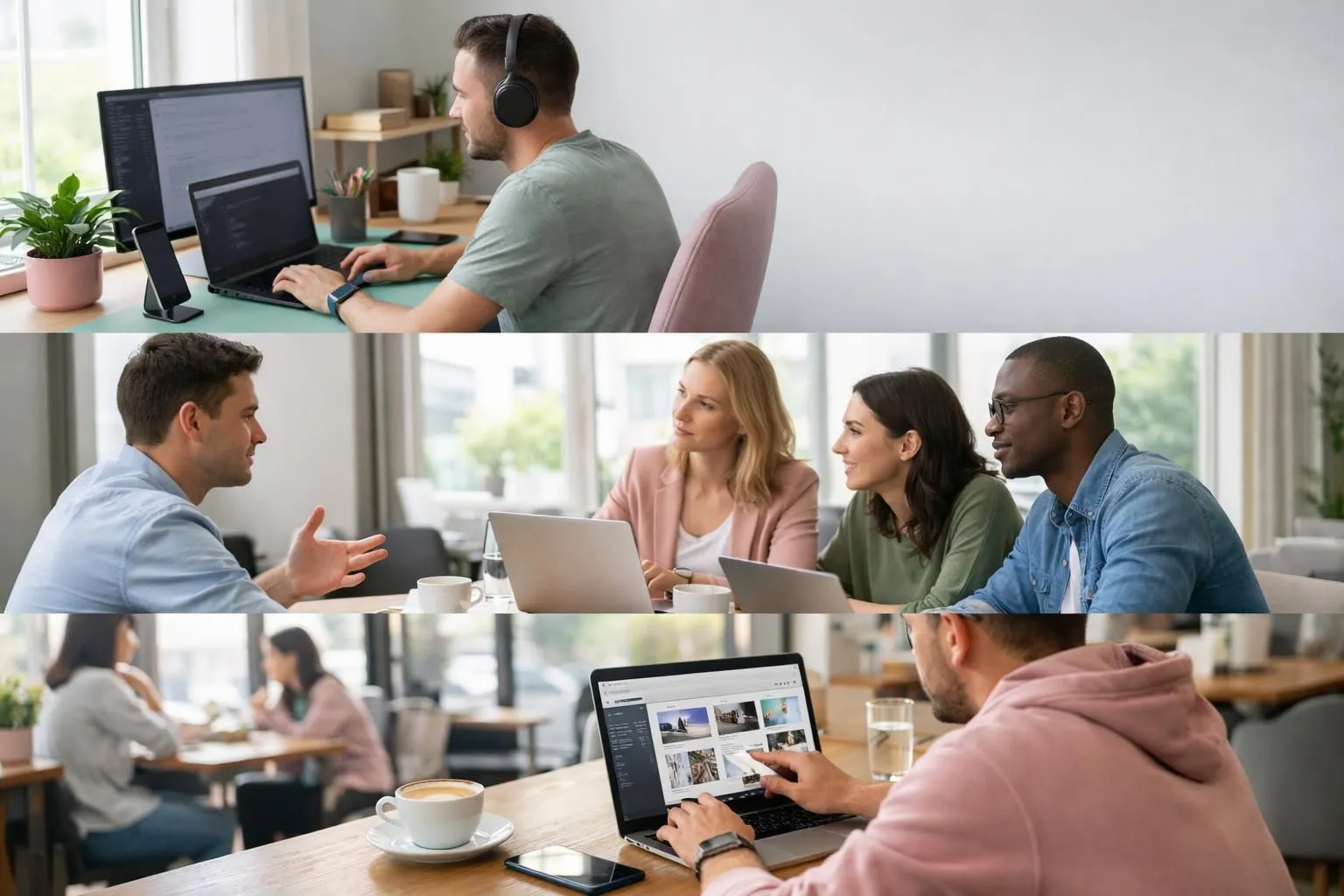 Split scene showing three distinct work environments: left shows freelance web developer at modern home office with dual monitors coding WordPress site, center displays professional agency team of four people collaborating around conference table with laptops and website wireframes, right shows entrepreneur sitting at café with laptop using drag-and-drop website builder interface, natural lighting throughout, contemporary realistic photography style