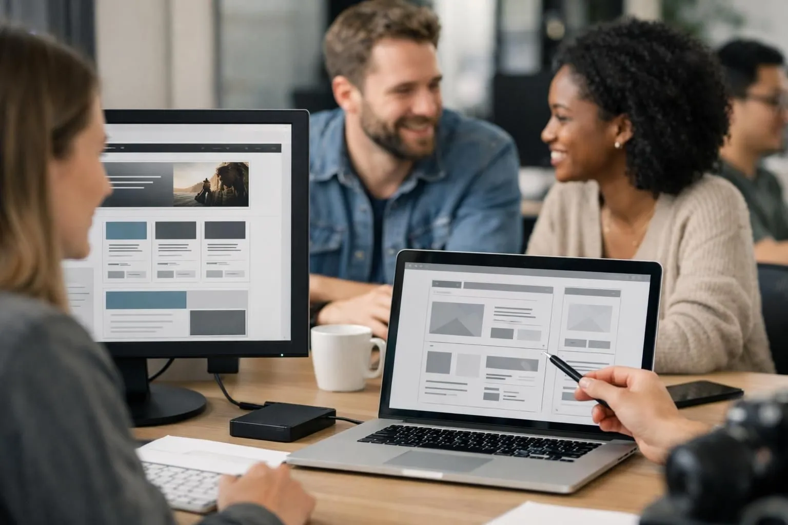 Professional web design team in Lyon working together at modern workspace with laptops displaying WordPress interface, UX wireframes, and website mockups on large monitors, collaborative atmosphere with diverse specialists discussing website architecture
