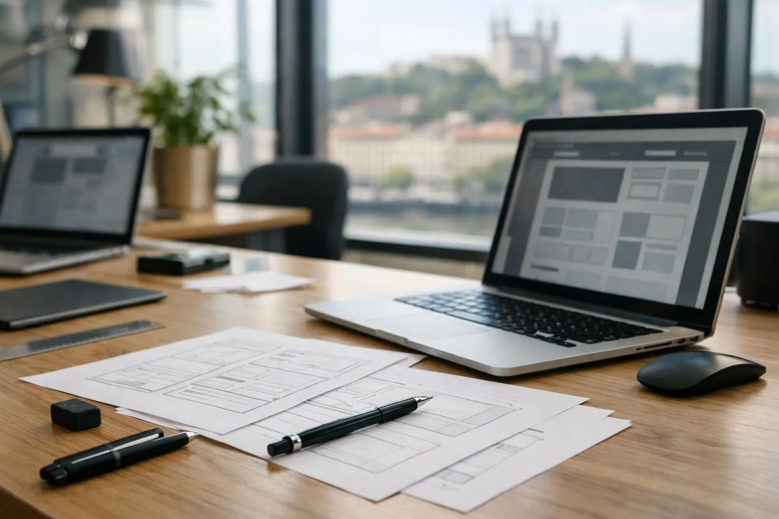 Team meeting around table with laptops and wireframe sketches discussing website architecture in modern Lyon office