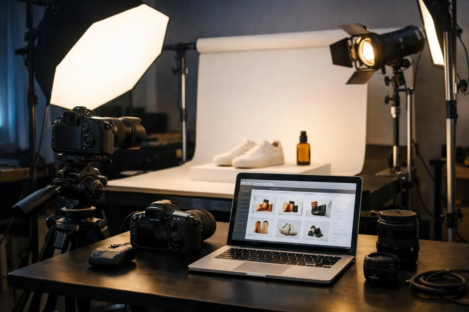 E-commerce product photography studio setup showing multiple camera angles and professional lighting equipment with laptop displaying WooCommerce product page, highlighting web agency workflow for optimizing online conversion rates