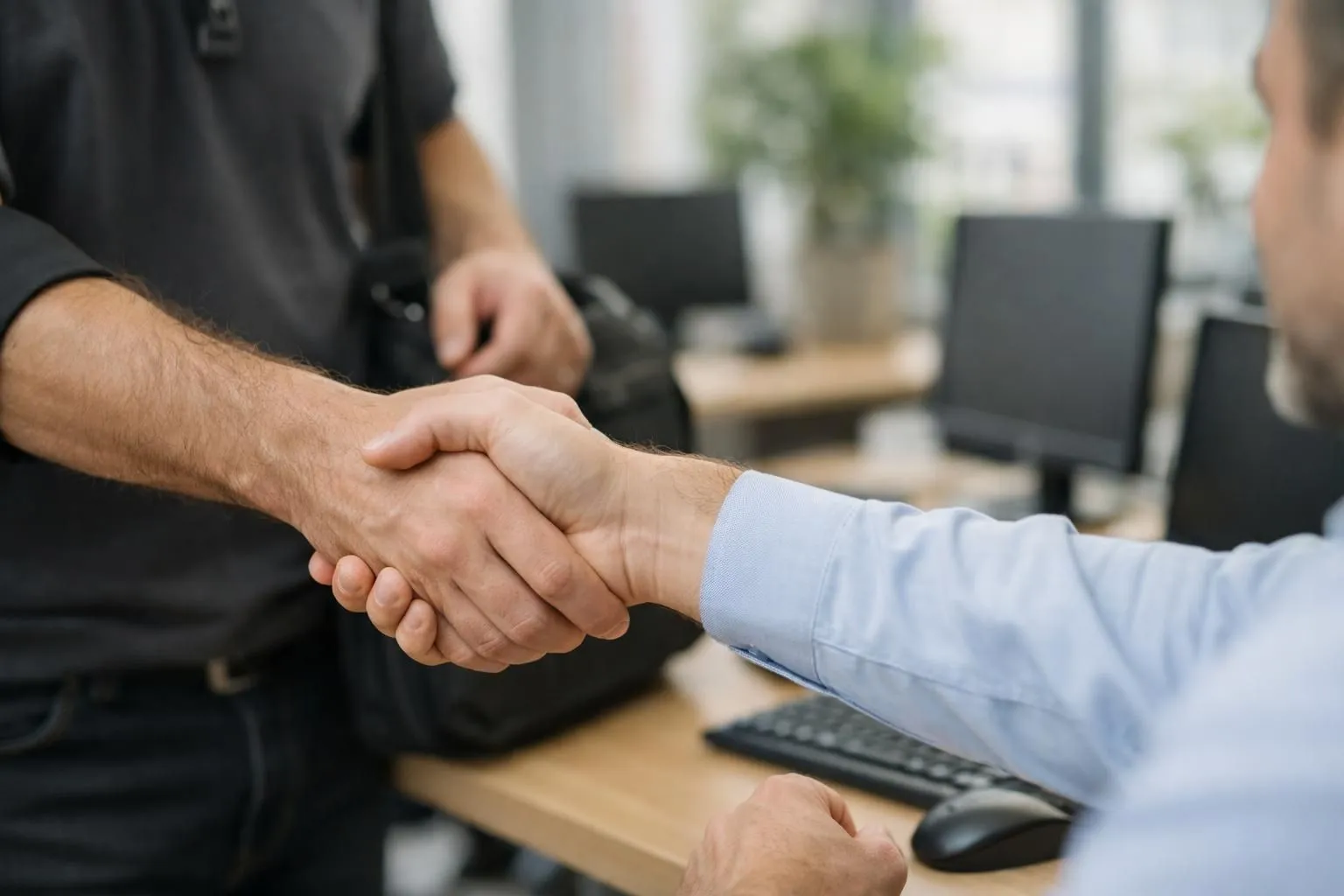 Technical support specialist arriving at Lyon business office with laptop bag, greeted by concerned website owner in modern workspace with visible urgency, professional handshake, natural lighting through office windows