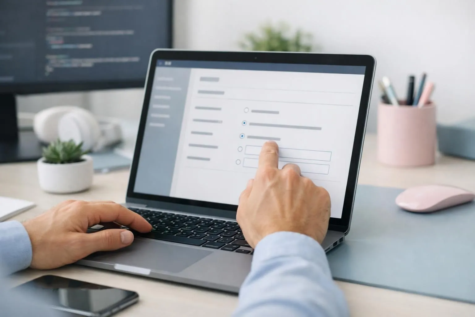 Modern WordPress dashboard screen showing permalink settings panel with URL structure radio buttons, clean white interface with blue accent colors, professional web development environment, laptop computer displaying configuration options for website URL formats