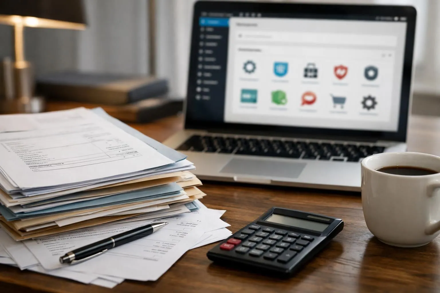 Desk cluttered with printed invoices and subscription bills stacked beside laptop displaying WordPress dashboard with plugin icons, business office lighting with calculator and coffee mug, realistic photography showing financial burden