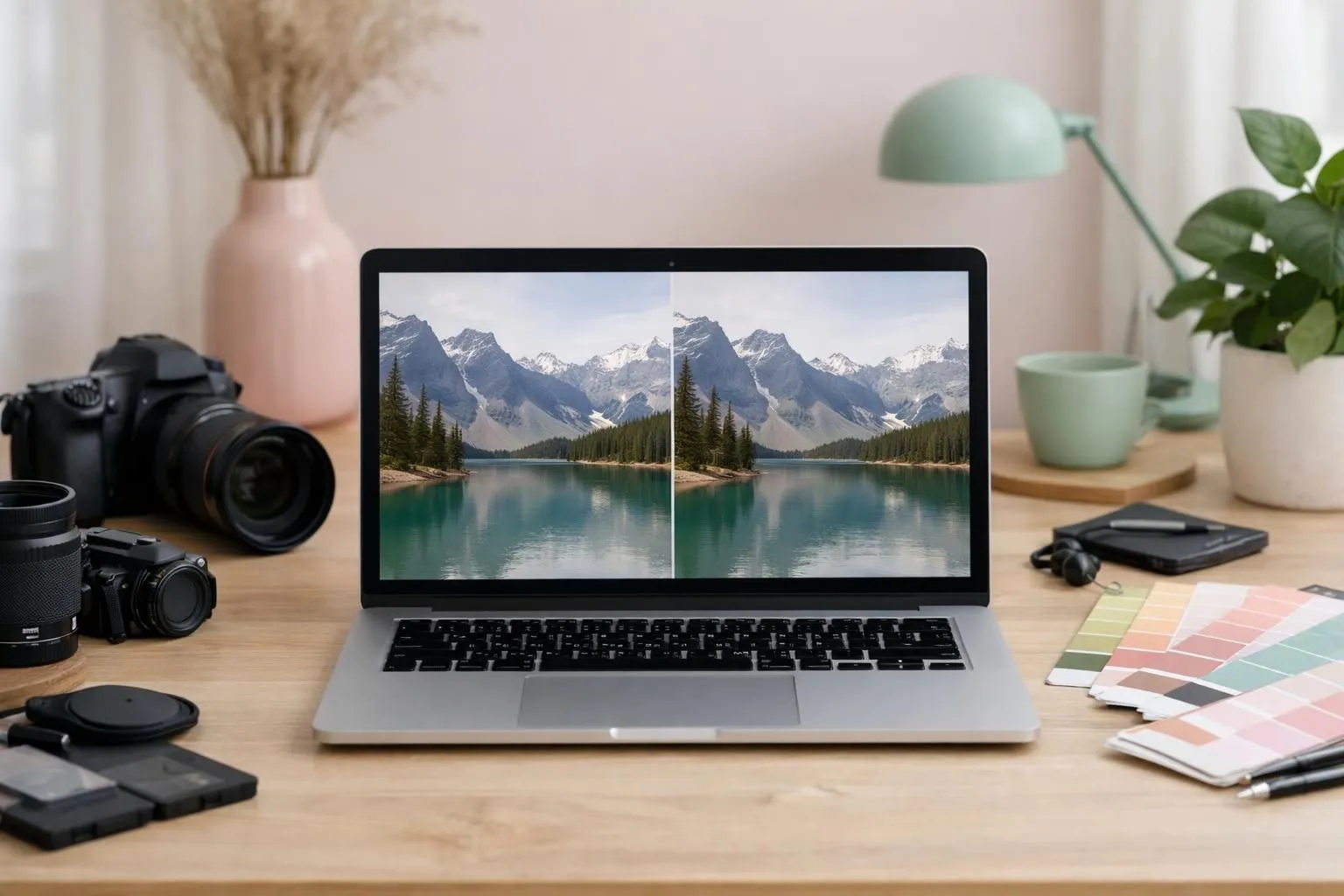 Modern workspace showing laptop screen displaying split-screen image comparison, one side WebP format indicator, other side JPEG format indicator, technical photography setup with camera equipment and color charts, professional digital imaging environment, natural lighting through office windows