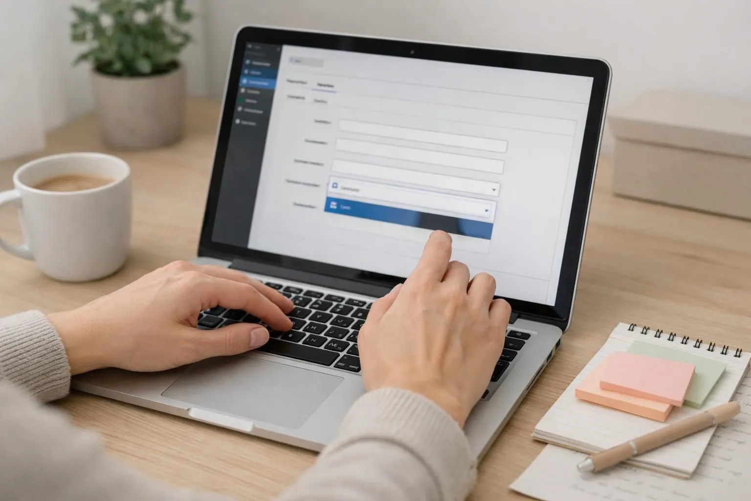 Close-up of hands configuring WordPress SEO plugin on laptop screen, showing Lyon address fields and geolocation settings being filled in, professional workspace with coffee cup and notes about local business optimization