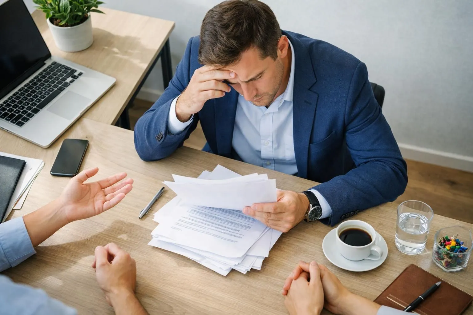 Professional business consultant reviewing detailed project contracts and hidden clauses with concerned expression, modern office desk with documents and laptop, natural lighting showing serious discussion about web development costs