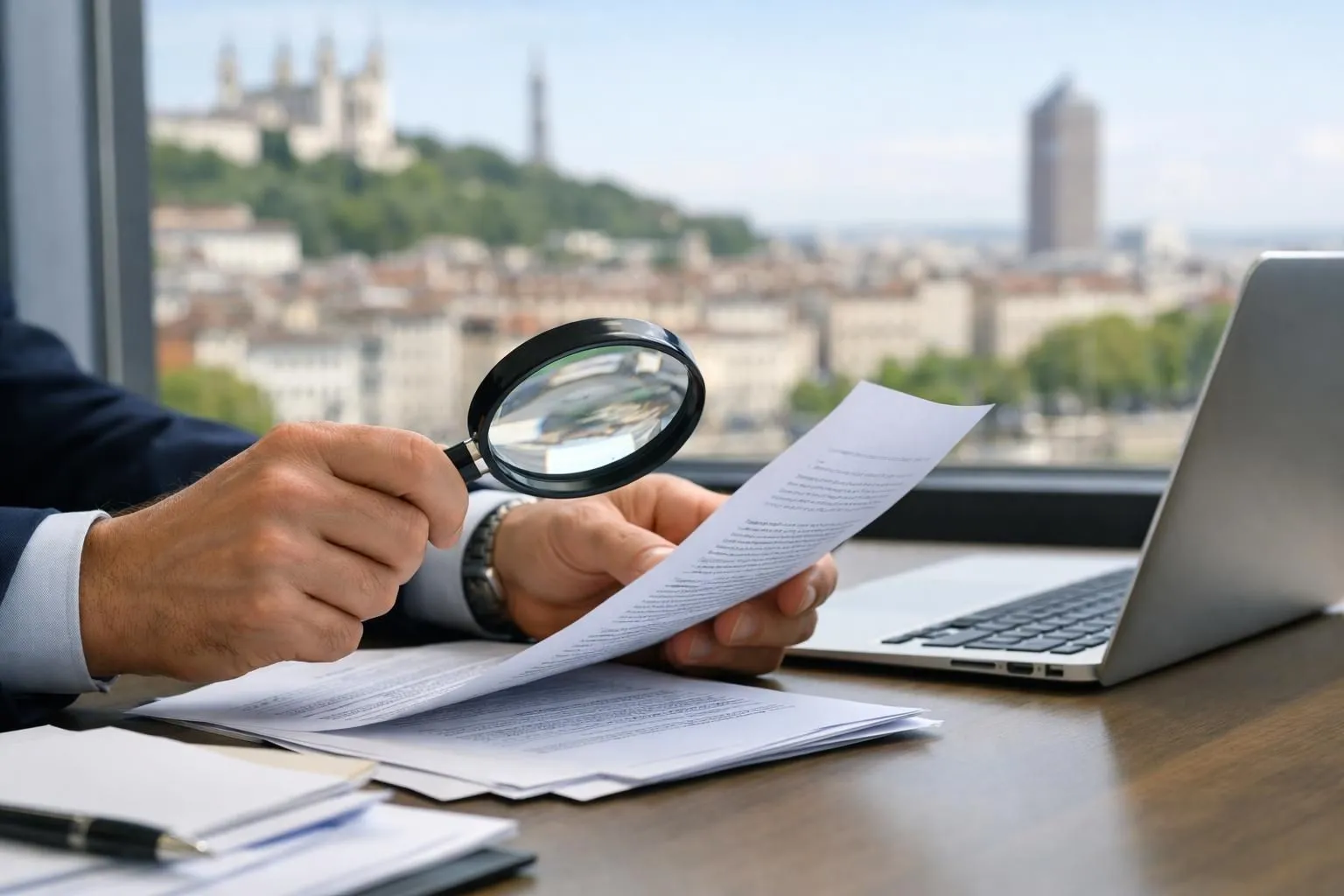 Business professional examining contract documents with magnifying glass on desk, revealing hidden clauses and fine print, subtle warning symbols visible, modern Lyon office setting with laptop and financial papers, realistic photography style