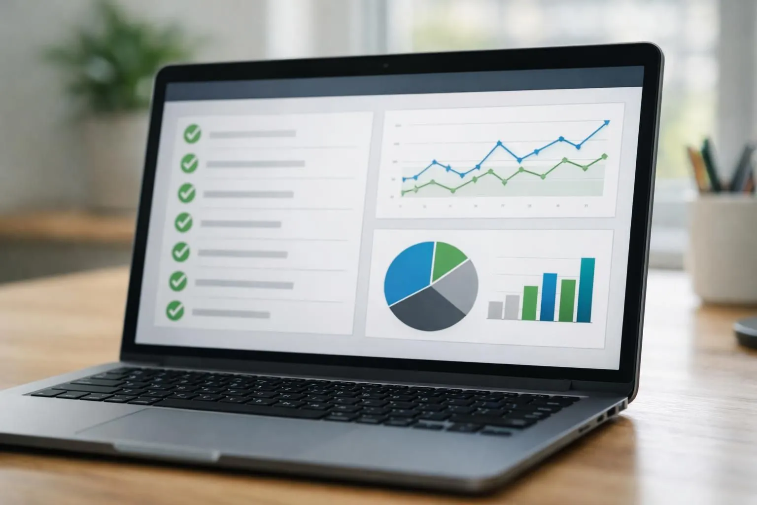 Professional web developer configuring WordPress SEO plugin dashboard on laptop screen, showing optimization checklist with green validation icons and analytics graphs, modern office setting with natural lighting