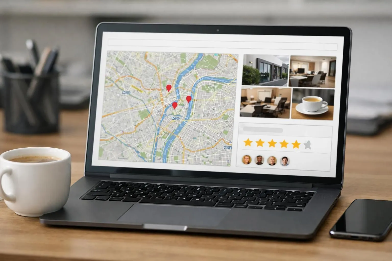 Modern laptop displaying Google Business Profile dashboard with Lyon city map pin, business photos gallery, and customer review stars visible on screen, professional office desk setup with coffee cup and smartphone showing Google Maps location