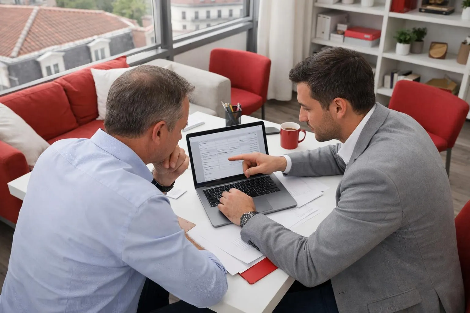 Business owner reviewing detailed itemized invoice on laptop screen with consultant pointing at hidden line items, modern Lyon office setting with concerned expression