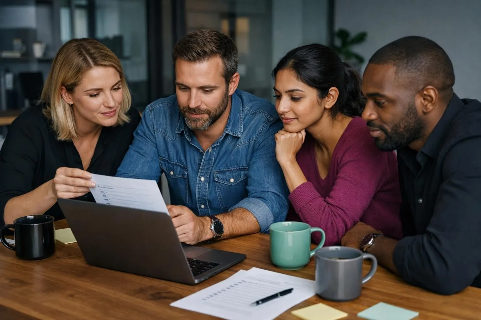 Small business team in modern office comparing platform options on laptop screen while reviewing printed checklist, with notes and coffee cups on wooden desk, natural lighting, collaborative decision-making atmosphere