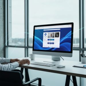 Espace de travail moderne d'une agence WordPress Grenoble, écran affichant un design web épuré.