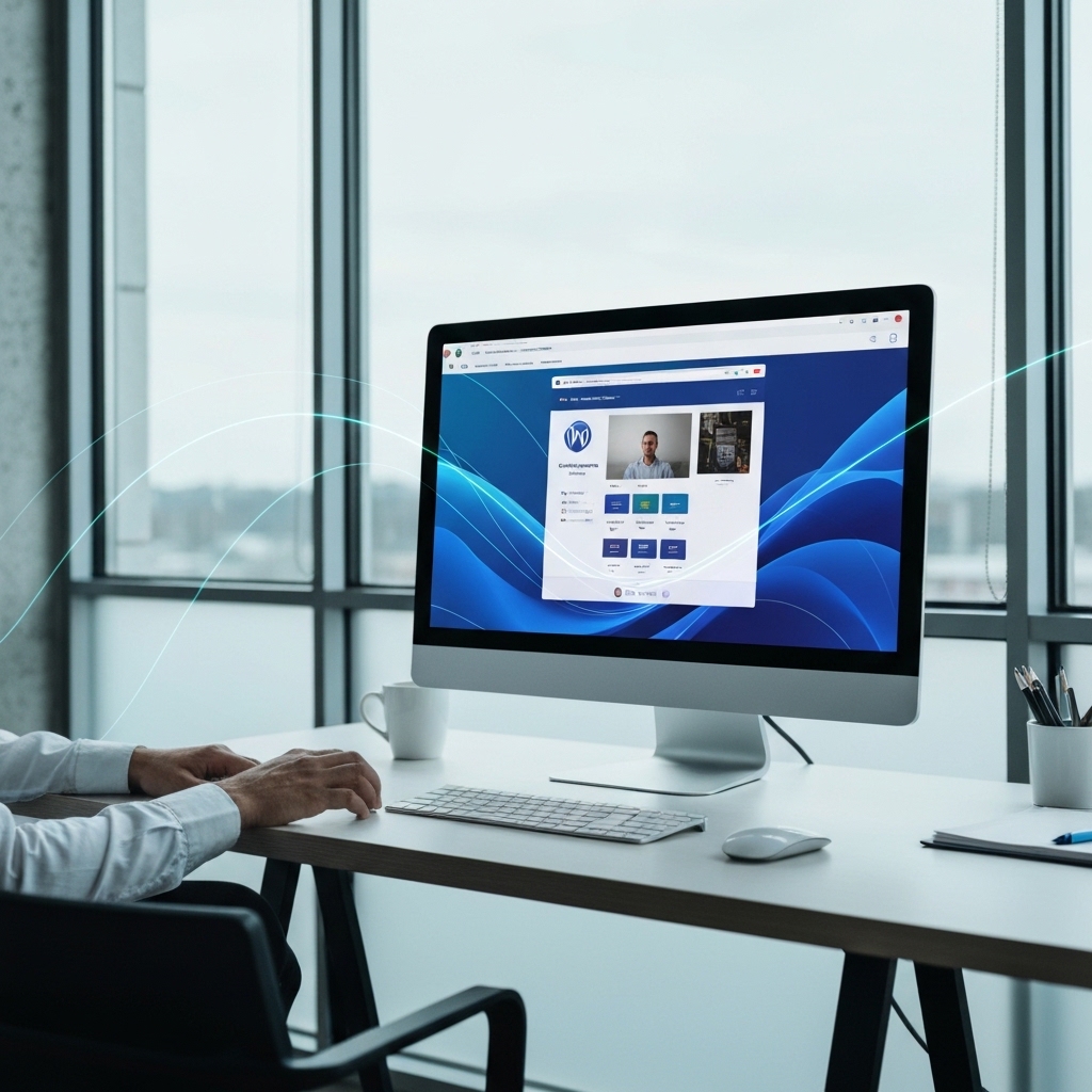 Espace de travail moderne d'une agence WordPress Grenoble, écran affichant un design web épuré.