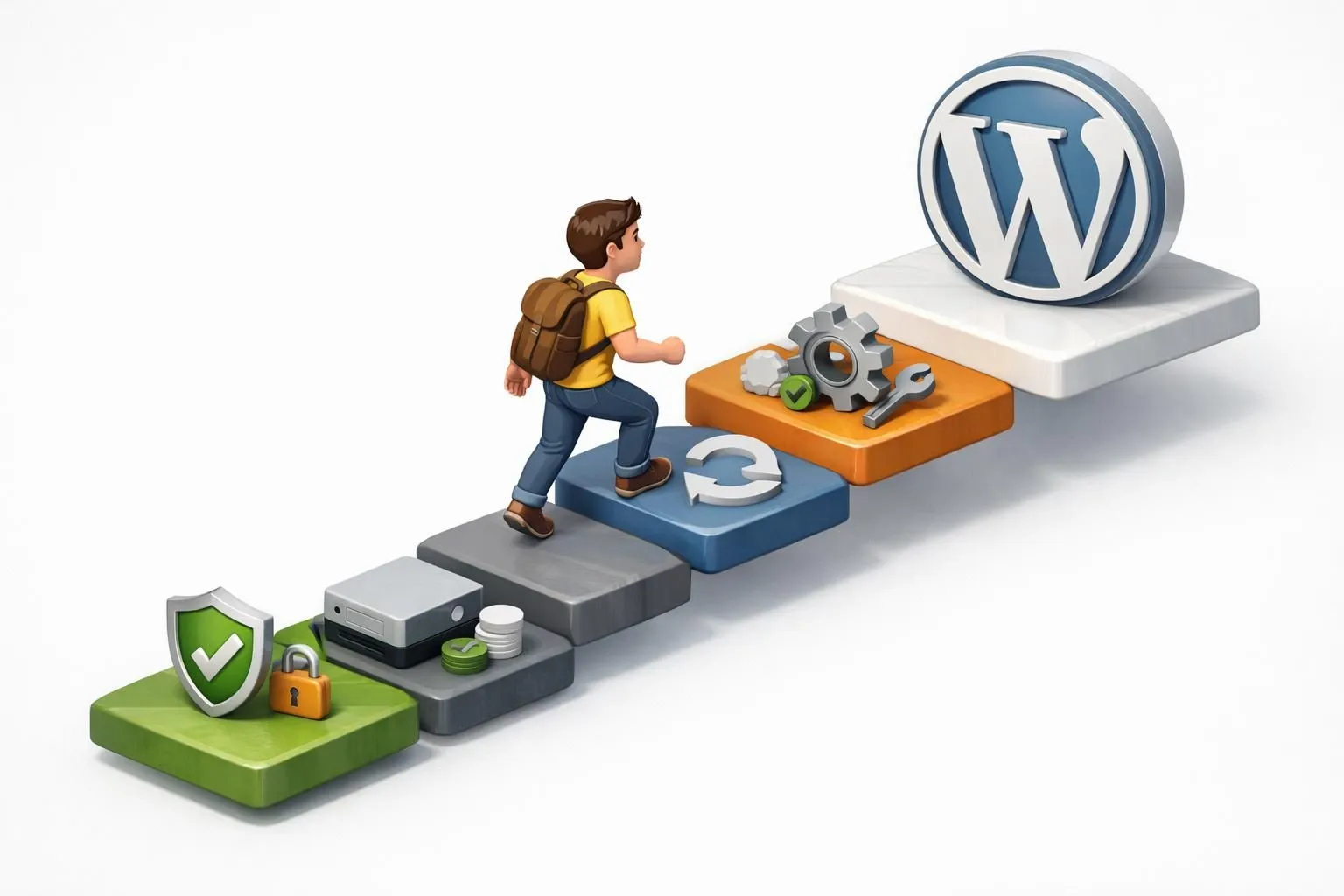 Illustration isométrique montrant comment mettre à jour WordPress sans risque étape par étape. Sécurité et simplicité.