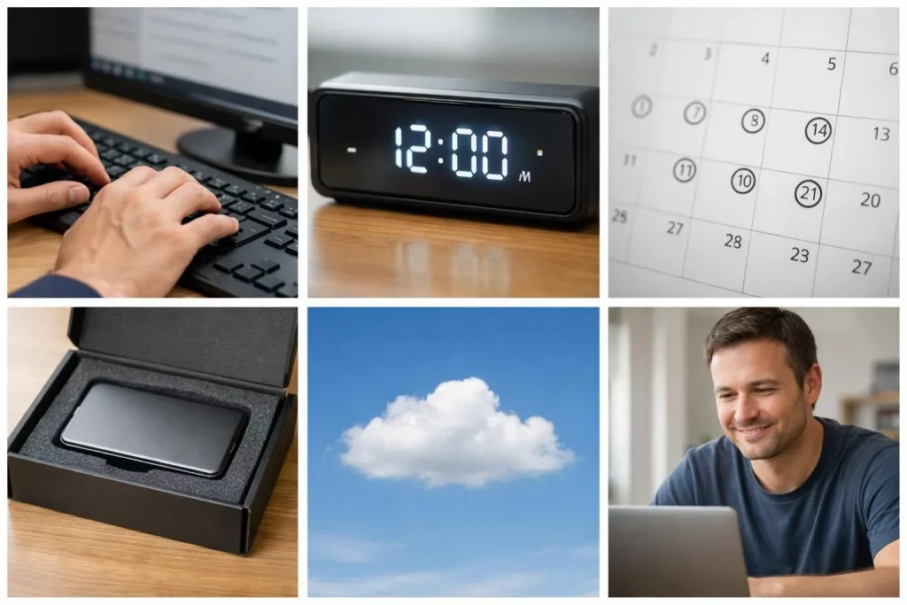Collage photo d'une sauvegarde site WordPress automatique, montrant configuration, planification et stockage sécurisé.