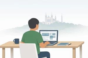 Illustration minimaliste d'un étudiant en formation WordPress gratuite à Lyon, avec la basilique de Fourvière.