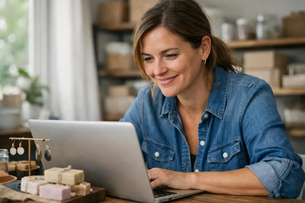 Plugins WordPress indispensables e-commerce: une femme gère sa boutique en ligne avec succès.