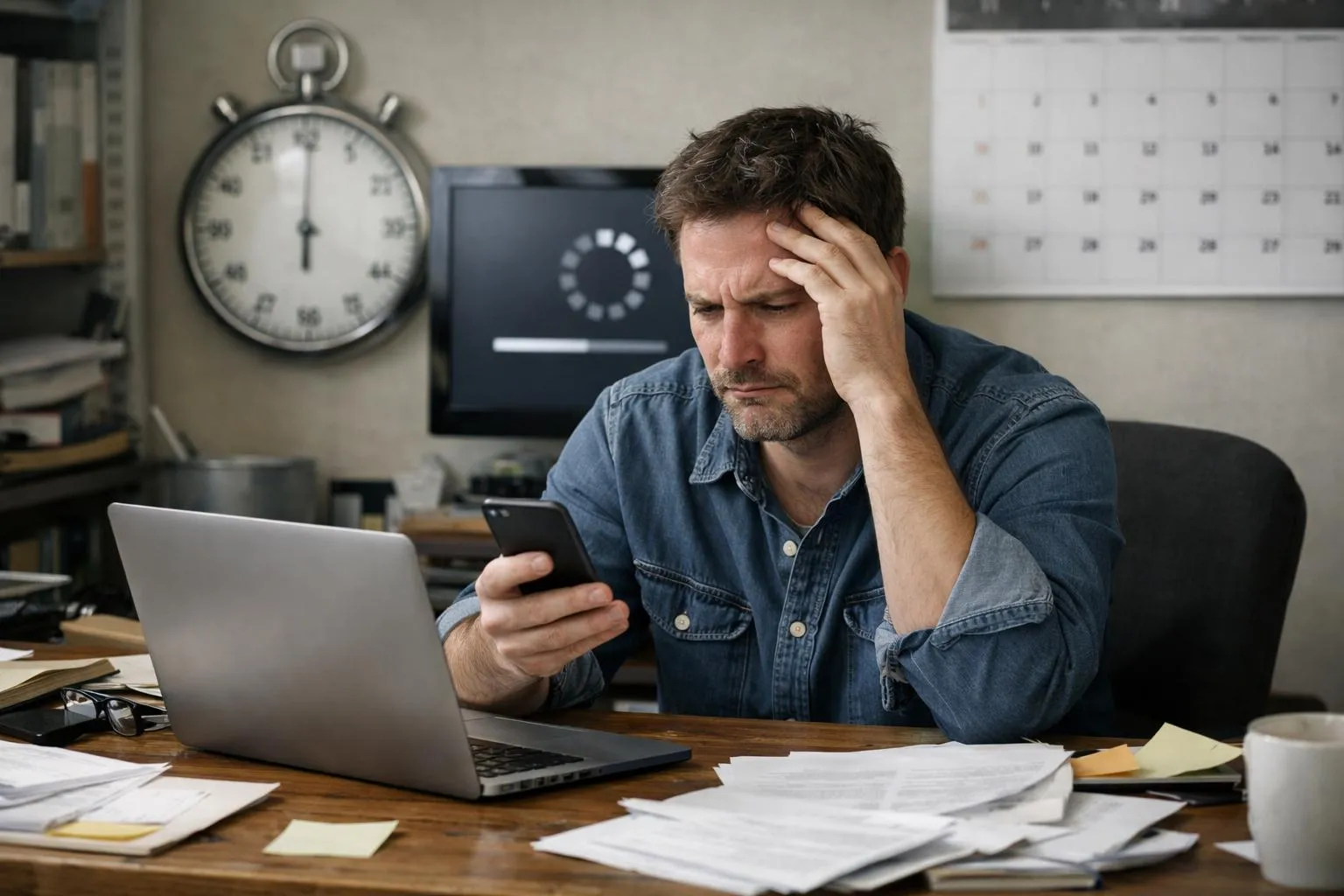 homme frustré ordinateur portable chargement site web lent bureau