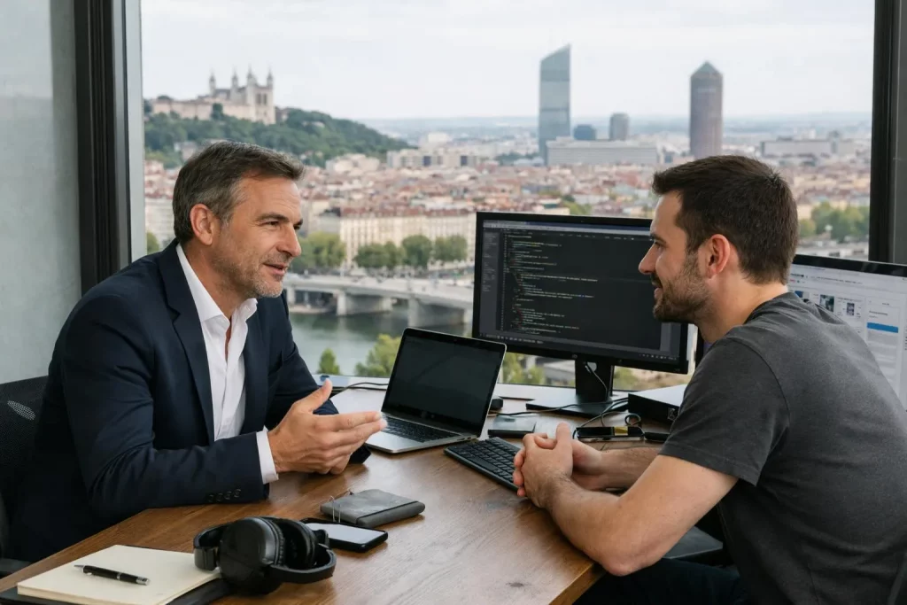 Entreprise création site web Lyon - Homme d'affaires et développeur web en réunion