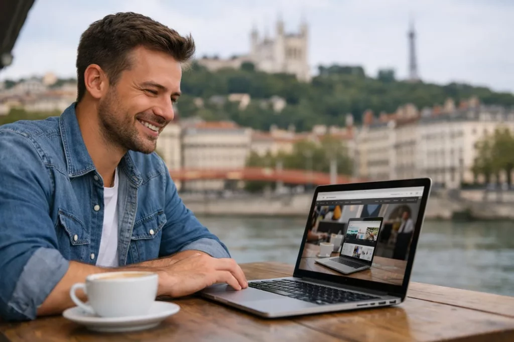 "Un entrepreneur lyonnais satisfait devant son site WordPress professionnel"