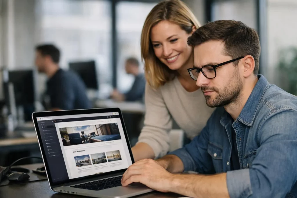 Agence web Vienne WordPress, équipe de développeurs web professionnels créant un site performant sur un ordinateur portable.