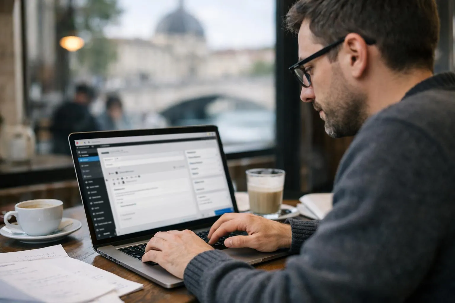 Développeur Web sur ordinateur portable avec écran WordPress à Lyon