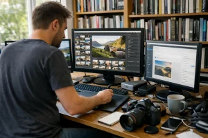 "Un spécialiste ajuste des images sur son ordinateur pour optimisation WordPress"