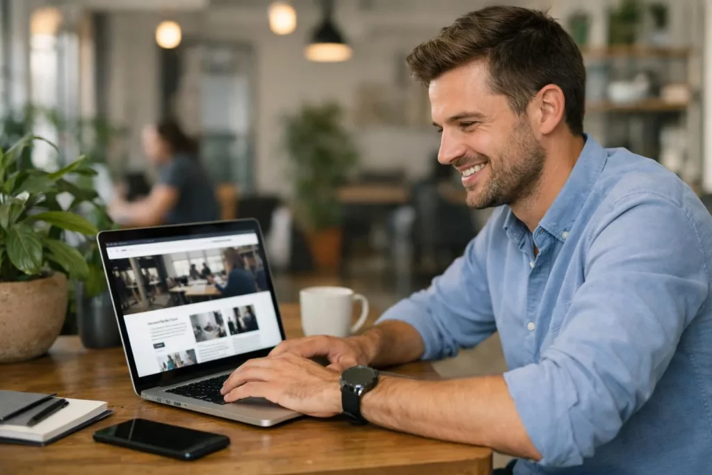 "Un professionnel B2B à Lyon travaille sur son ordinateur portable dans un bureau moderne, illustrant la transformation digit