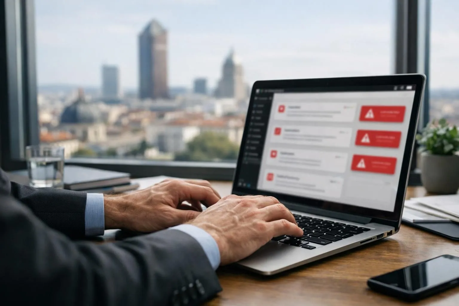 Close-up of a concerned business owner's hands typing urgently on a laptop keyboard showing WordPress dashboard with red security warning alerts, set in a modern Lyon office with city skyline visible through window, realistic professional photography style, natural lighting, shallow depth of field
