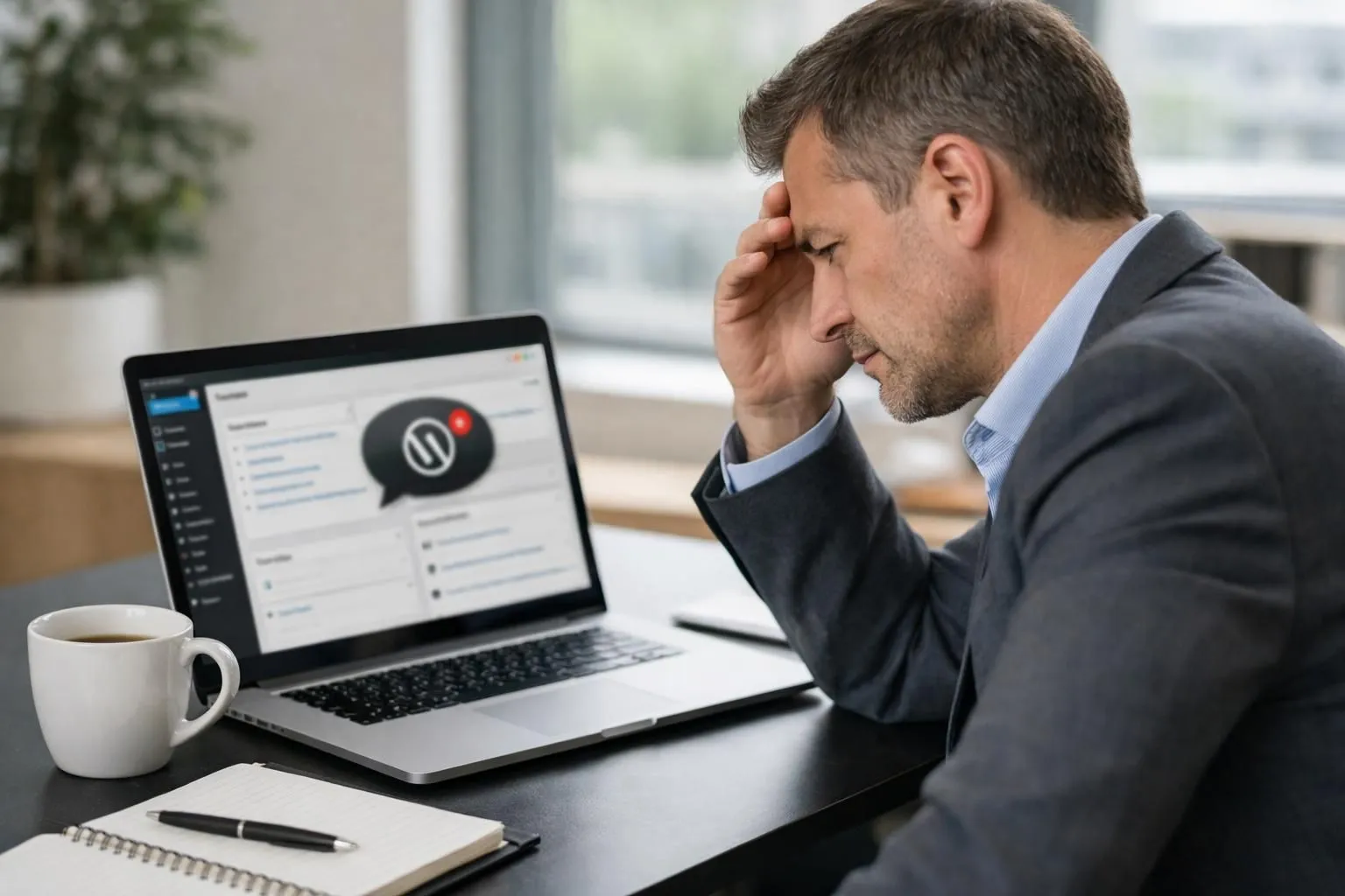 Business owner worried looking at WordPress dashboard showing update notification on laptop screen, professional office setting with coffee cup and notepad, natural lighting, realistic style