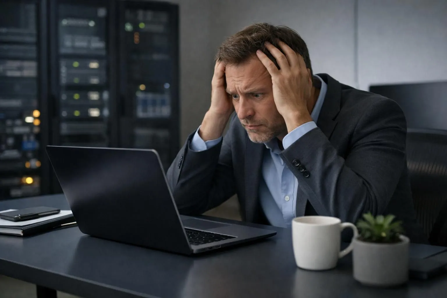 Business owner staring anxiously at laptop displaying WordPress error screen, hands on head in distress, modern office with servers visible in background, dramatic lighting emphasizing concern about data loss