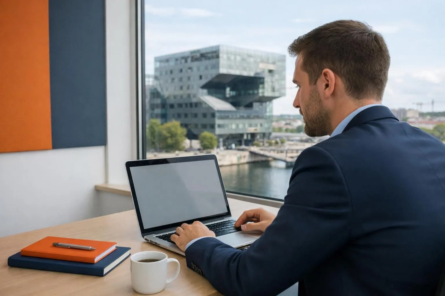 Business professional in modern Lyon office workspace reviewing WordPress dashboard interface on laptop screen, with Confluence building visible through window, natural daylight, realistic photography style, professional setting with notebooks and coffee cup on desk