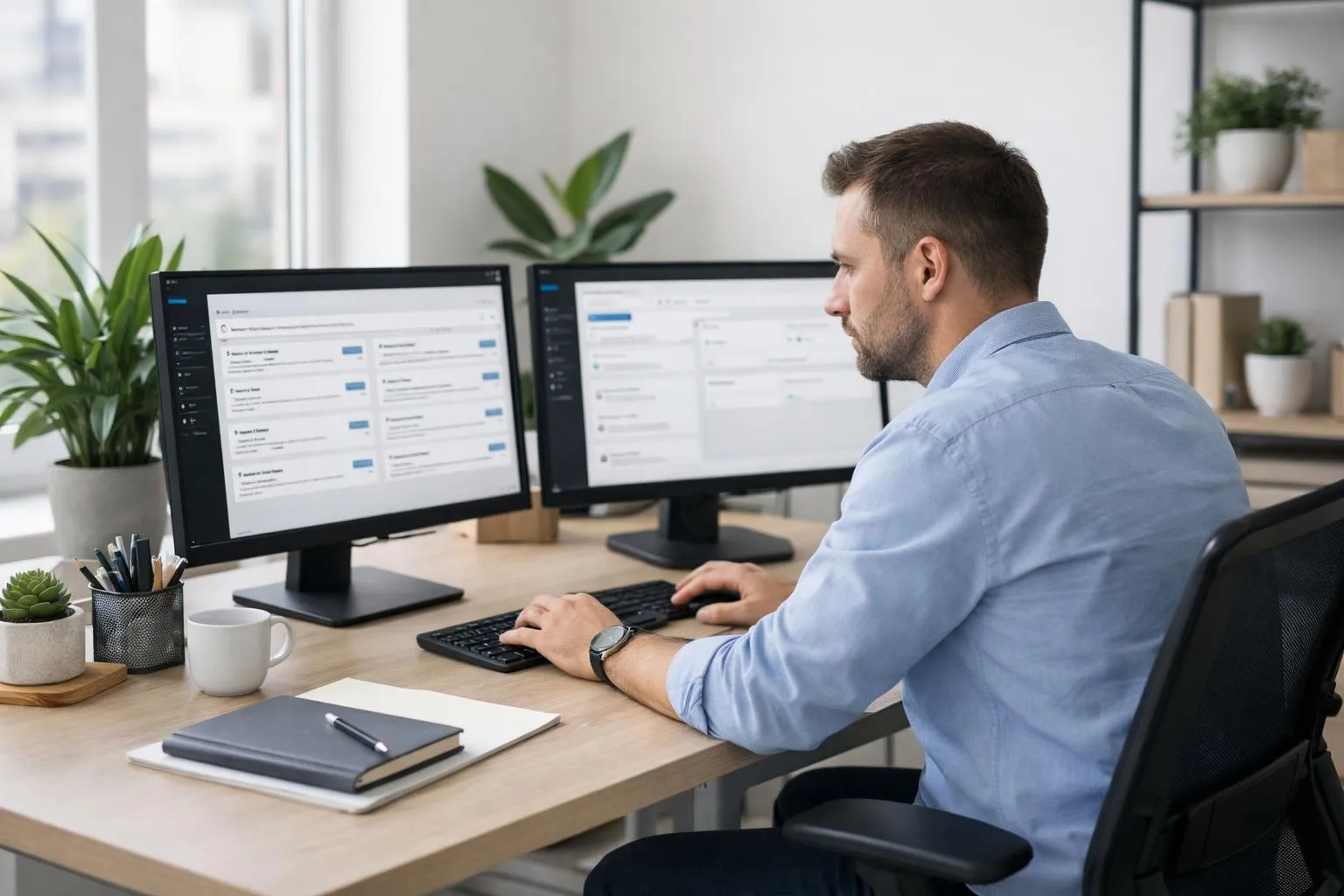 Entrepreneur concentré comparant plusieurs tableaux de bord de plugins WordPress sur deux écrans d'ordinateur dans un bureau lumineux et moderne avec des plantes vertes, stylos et carnets de notes sur le bureau