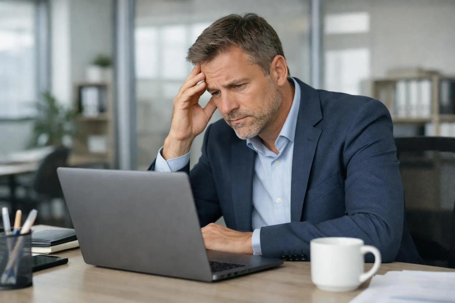 Business owner with concerned expression looking at declining conversion graphs on laptop screen, modern professional office environment, visible frustration with slow website performance metrics displayed