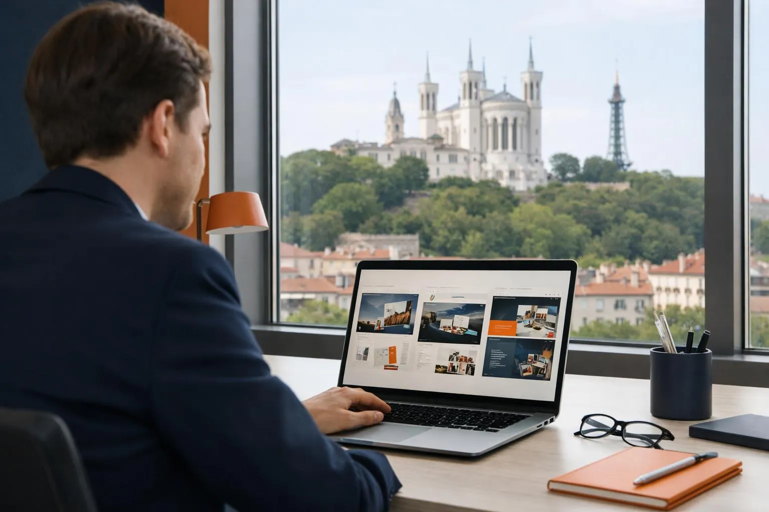 Business professional reviewing multiple agency portfolio websites on laptop screen in modern Lyon office, with clear view of Fourvière basilica through window, natural daylight, decision-making atmosphere