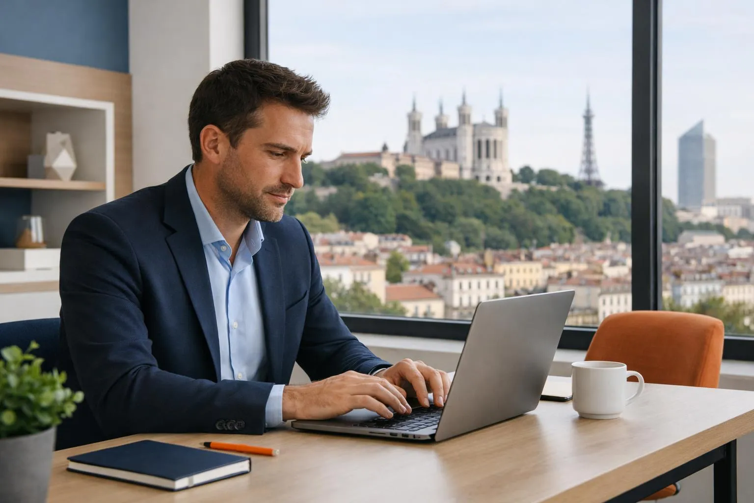 Lyon business owner analyzing website performance metrics on modern laptop in bright office space with Fourvière basilica visible through window, professional workspace with digital marketing charts on screen