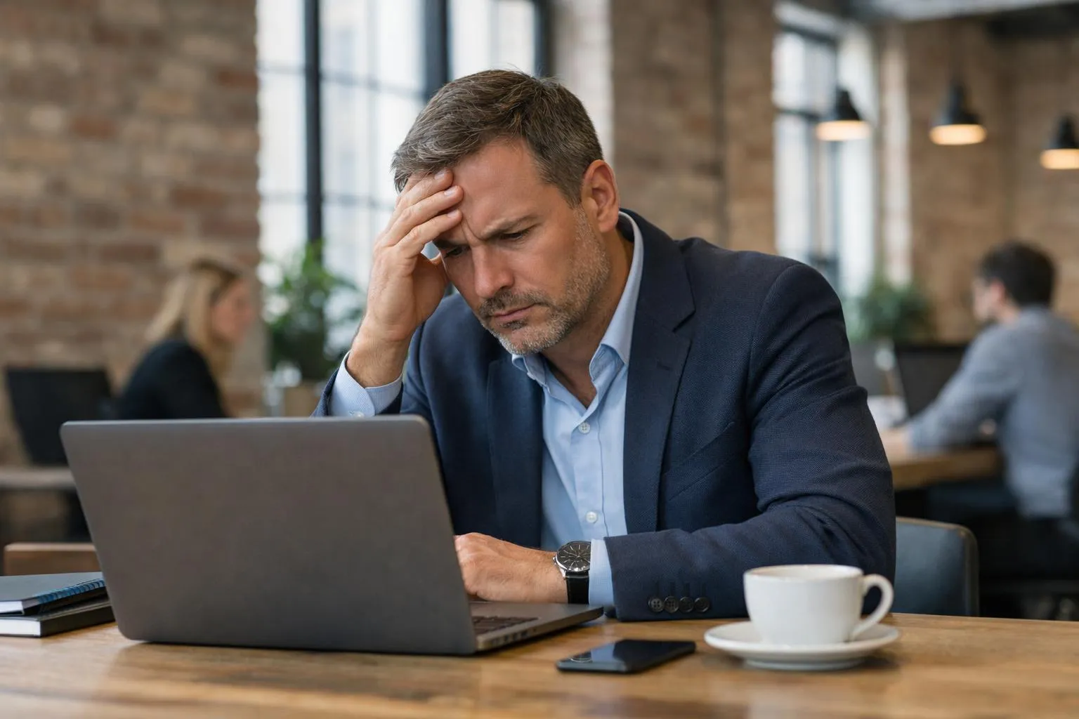 Business owner looking frustrated at laptop screen showing low website traffic analytics dashboard in modern Lyon coworking space with industrial brick walls and large windows, natural lighting, professional setting, realistic photography style