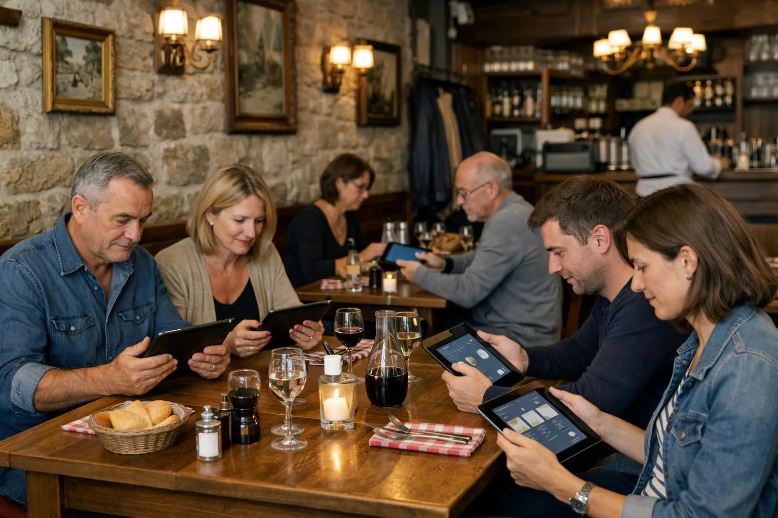 Interior of a modern Lyon restaurant with warm lighting, customers holding smartphones looking at a restaurant website on their screens, wooden tables with place settings, contemporary French bistro atmosphere, tablets on counter showing menu interface
