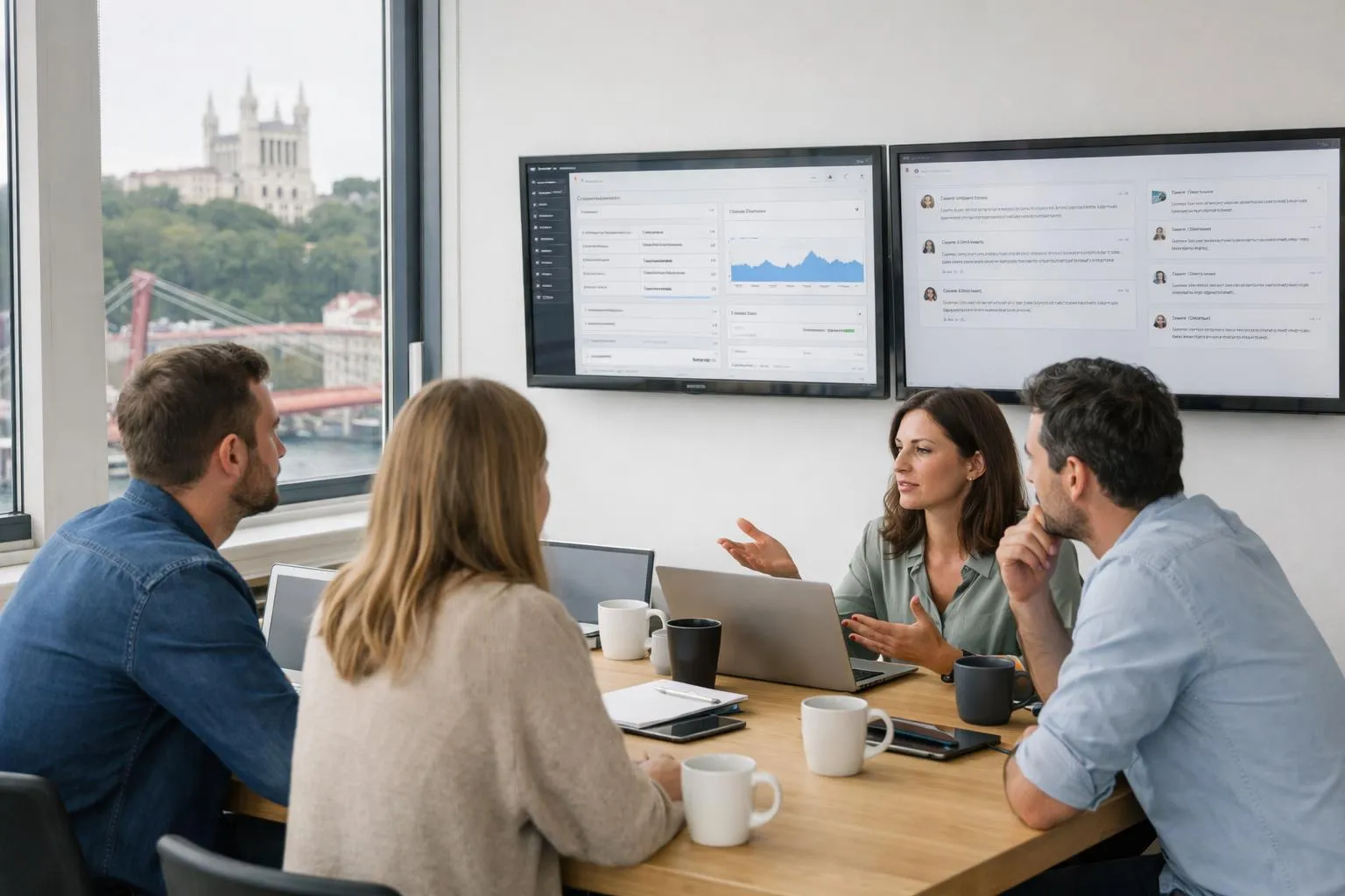 Modern Lyon office scene with business professionals reviewing website analytics on multiple screens, showing WordPress dashboard with positive client feedback visible on monitor, natural light from large windows illuminating collaborative workspace with laptops and coffee cups on conference table