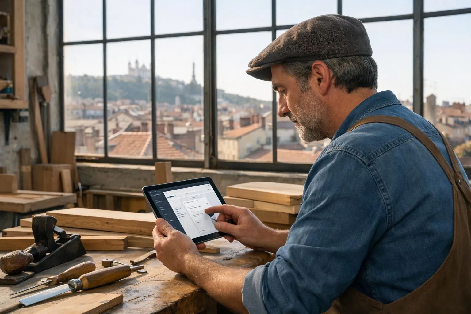 Lyon artisan carpenter reviewing WordPress website interface on tablet computer in traditional woodworking workshop, tools and wood planks visible on workbench, afternoon natural light through industrial windows with Lyon rooftops in background, professional atmosphere blending traditional craftsmanship with modern digital tools