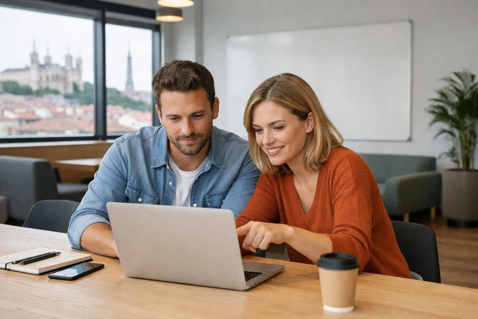 Formateur expliquant des fonctionnalités WordPress à un responsable d'entreprise sur un écran d'ordinateur portable dans un espace de coworking moderne à Lyon, avec tableau blanc en arrière-plan