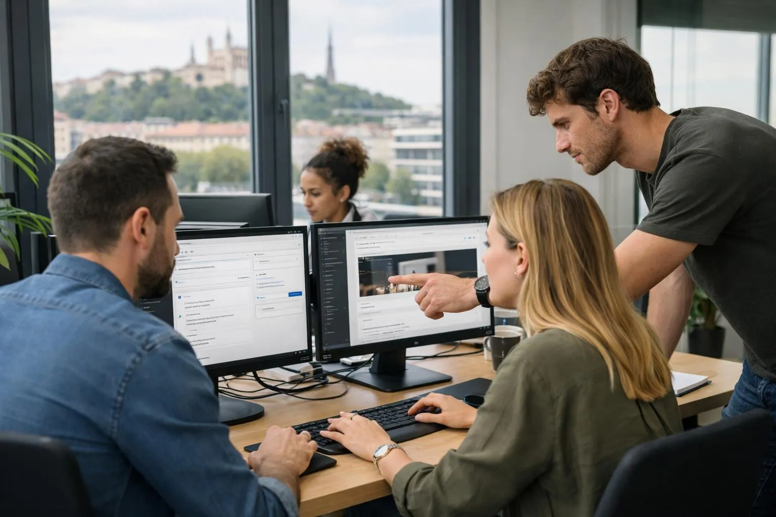 Professional web development team working efficiently on WordPress site creation in modern Lyon office environment with dual monitors displaying website dashboard and content management system, capturing the dynamic pace of rapid web development