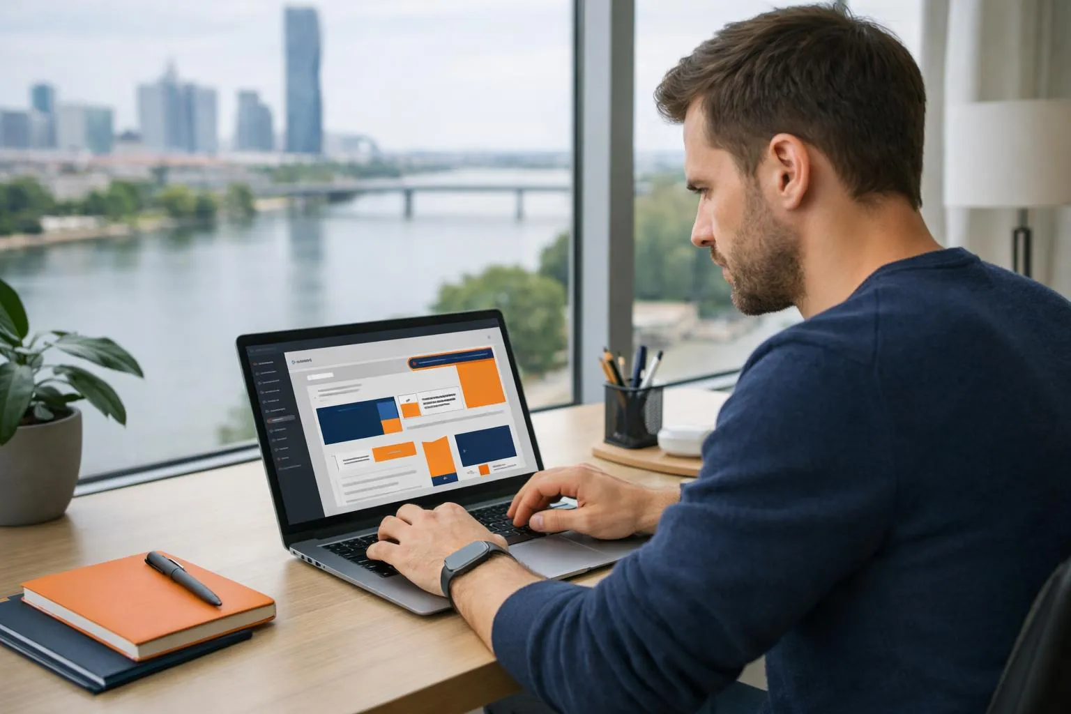 Professional web developer working on laptop displaying WordPress dashboard in modern office in Vienne with view of Rhône river, natural lighting, person focused on screen showing website layout, realistic photograph style
