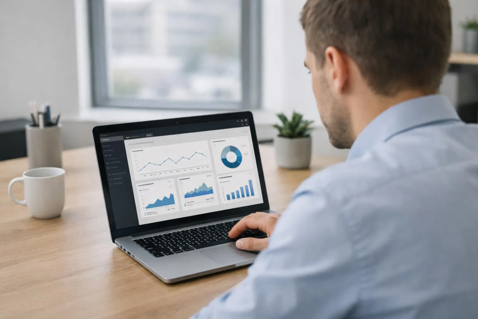 Homme d'affaires analysant des données financières sur un ordinateur portable.