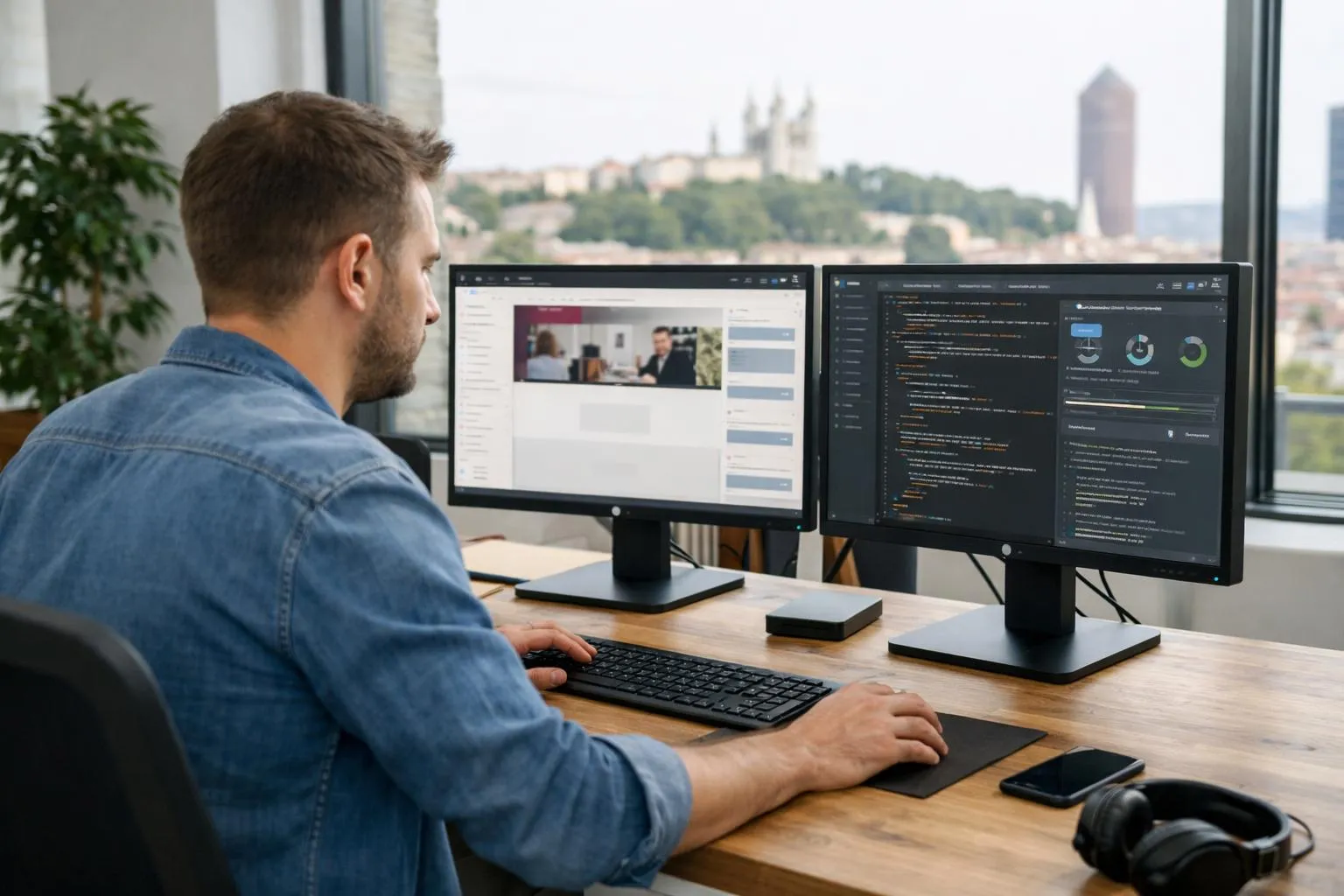 Homme travaillant sur deux écrans d'ordinateur dans un bureau avec vue sur la ville.