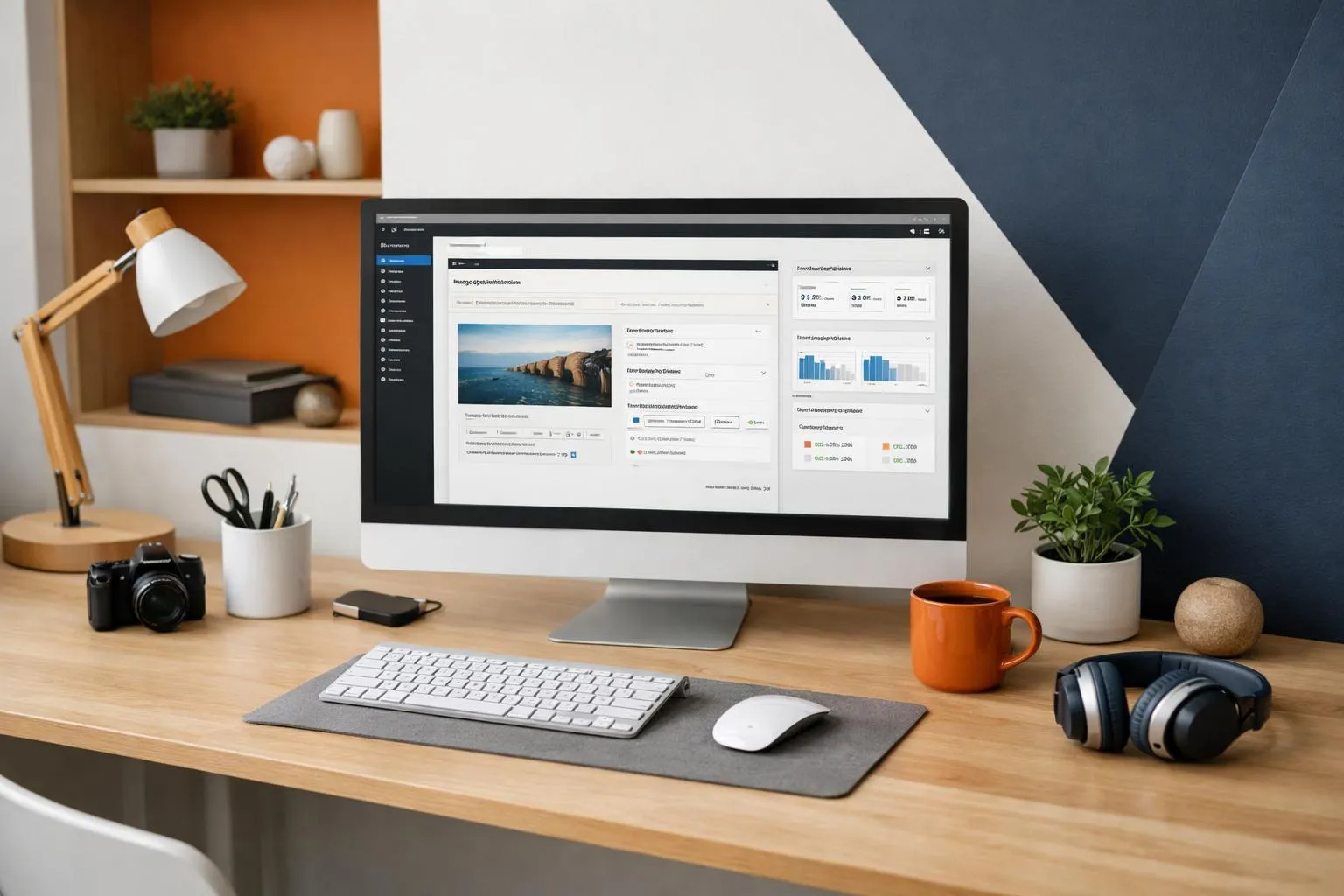 Bureau de travail moderne avec ordinateur, accessoires et décoration.